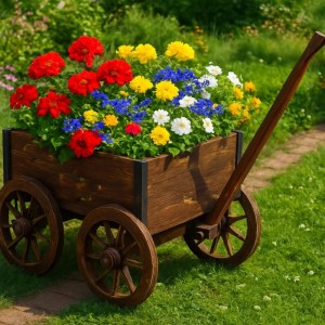 Kobolo Pflanzwagen Leiterwagen JAKOB aus Holz mit bunten Blumen als Gartendeko.