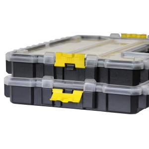 Stanley Fatmax Profi-Organizer mit 10 Fächern, schwarzes Gehäuse, transparente Deckel und gelbe Verschlüsse.