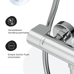 Detailaufnahme der AM.PM Thermostat-Duscharmatur X-Joy in Chrom mit Eco-Funktion und Umschalter.