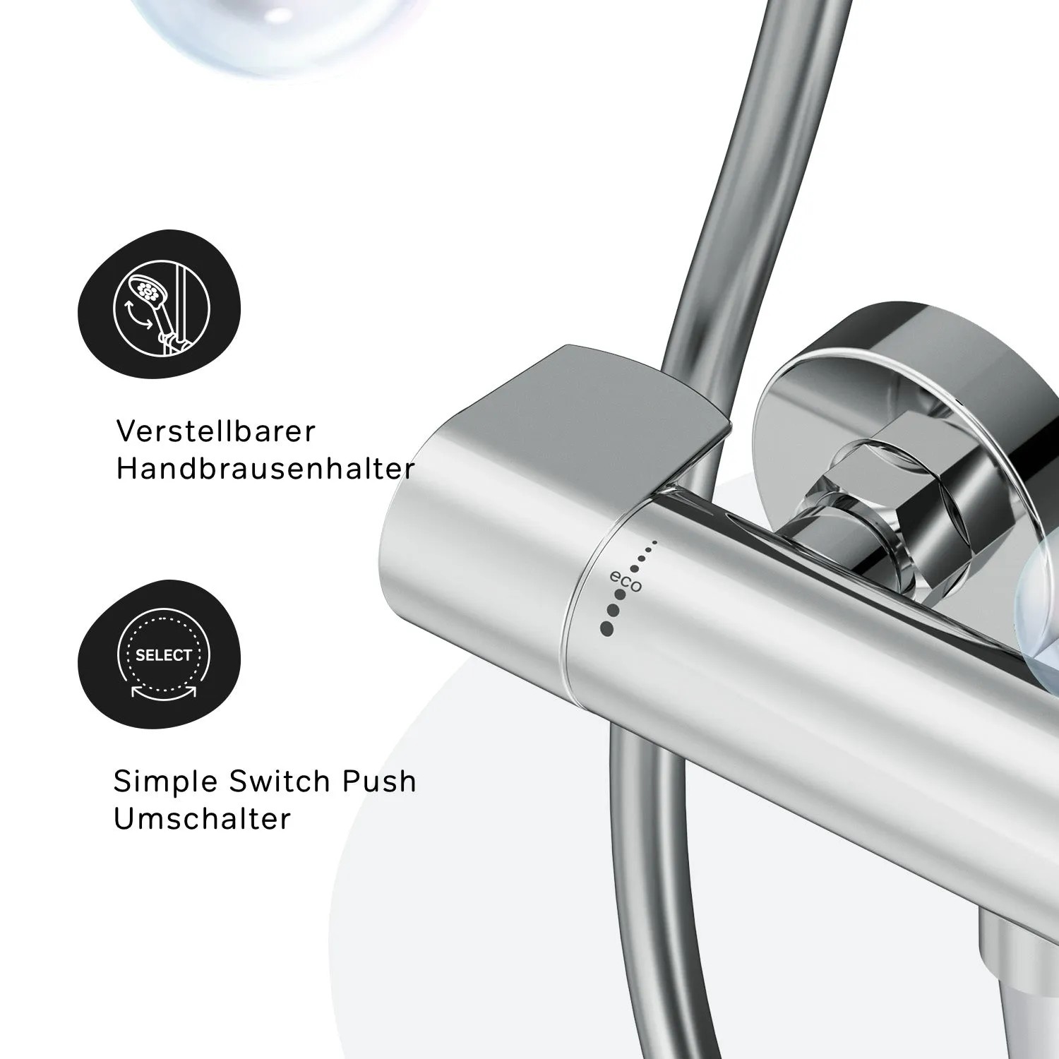 Detailaufnahme der AM.PM Thermostat-Duscharmatur X-Joy in Chrom mit Eco-Funktion und Umschalter.