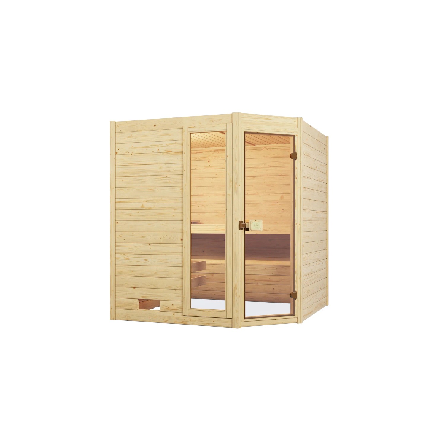 Weka Massivholzsauna Valida Eck mit Glastür und Fenster, 7,5 kW Ofen im Sparset.