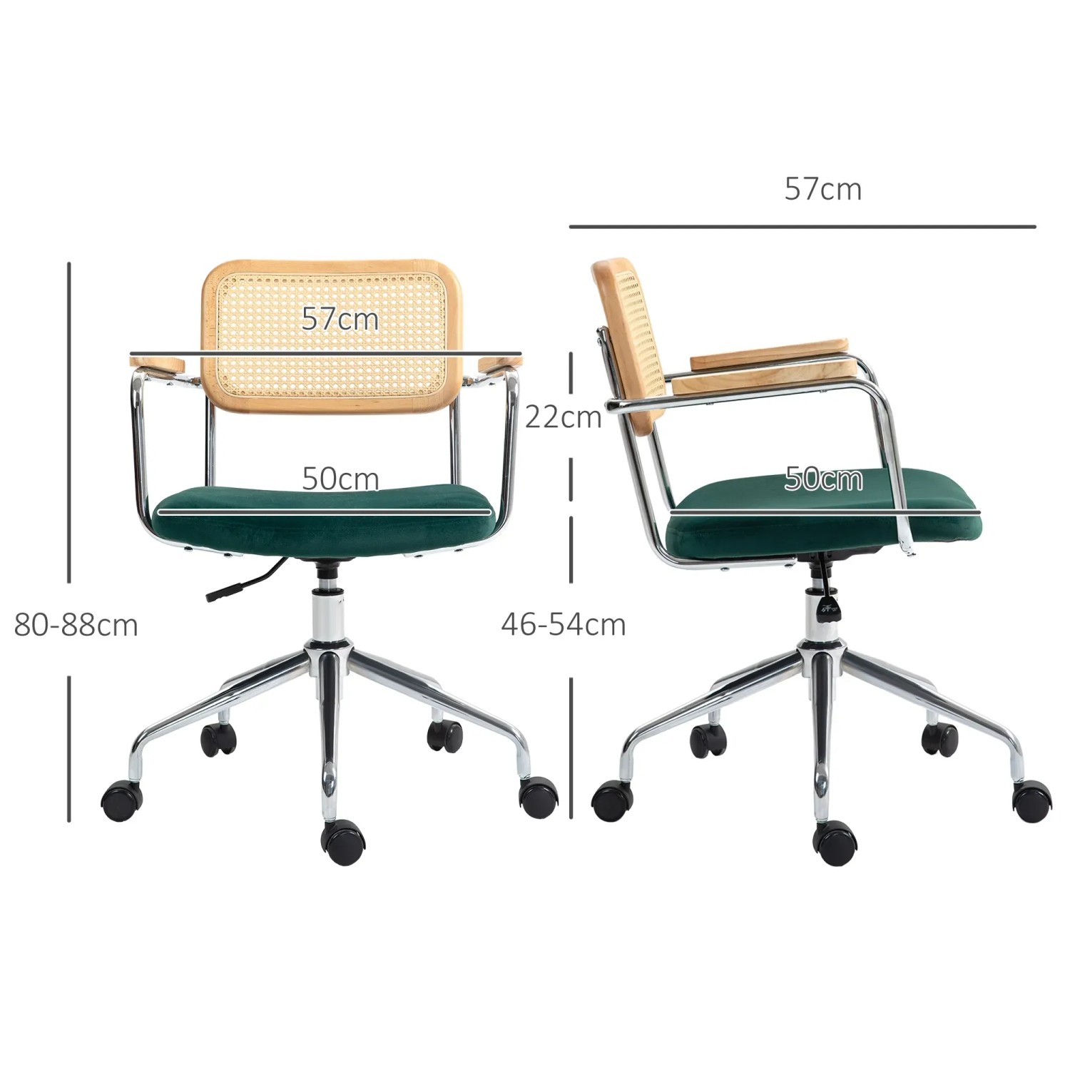 HOMCOM Bürostuhl in Rattanoptik, grüner Samtsitz, Chromgestell, Größenangaben.