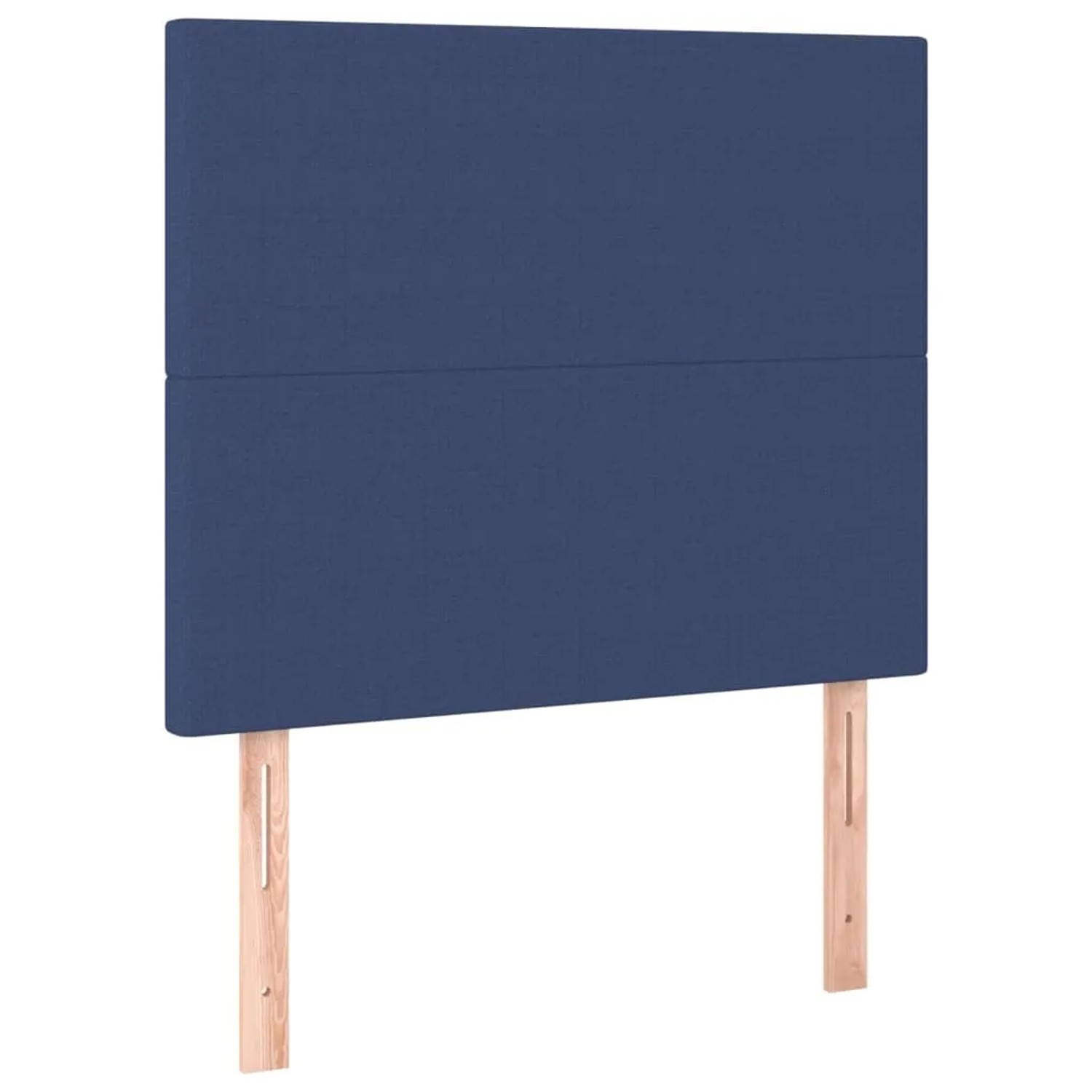 Blaues Boxspringbett mit Matratze, Stoffbezug, 90x190 cm. Bett mit Kopfteil und Holzfüßen.