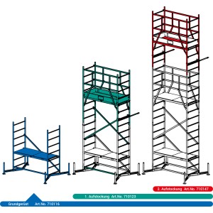 Krause ClimTec Gerüst: Grundgerüst, 1. und 2. Aufstockung in Blau, Grün und Rot.