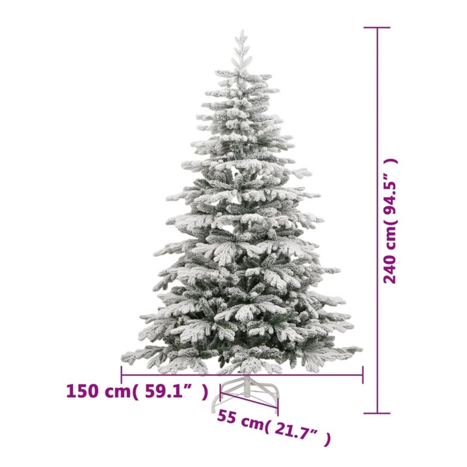 Künstlicher, beschneiter Weihnachtsbaum, 240 cm hoch, mit Klappmechanismus für einfachen Aufbau.