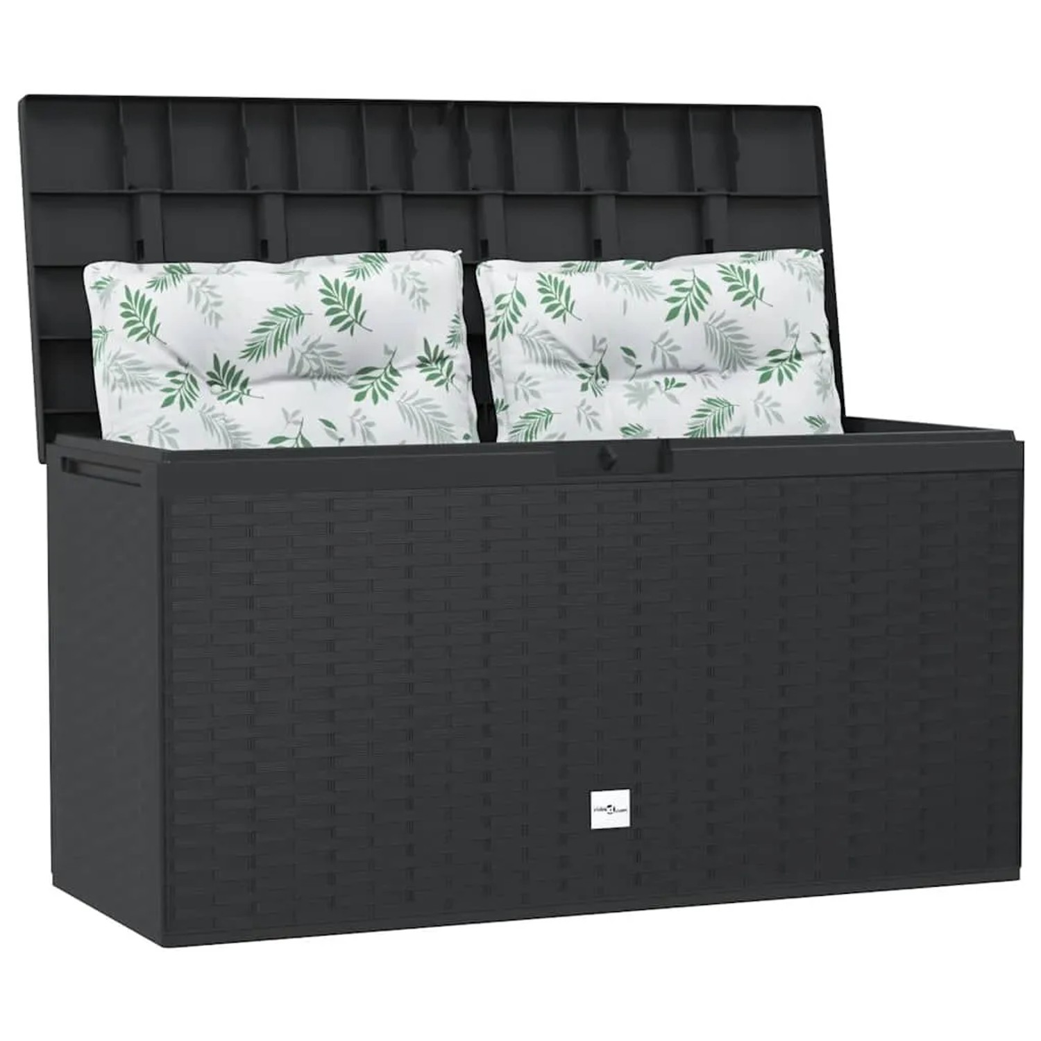 Anthrazitfarbene furnicato Gartenbox (114x47x60 cm) mit geöffnetem Deckel und zwei Kissen mit Blattmuster.