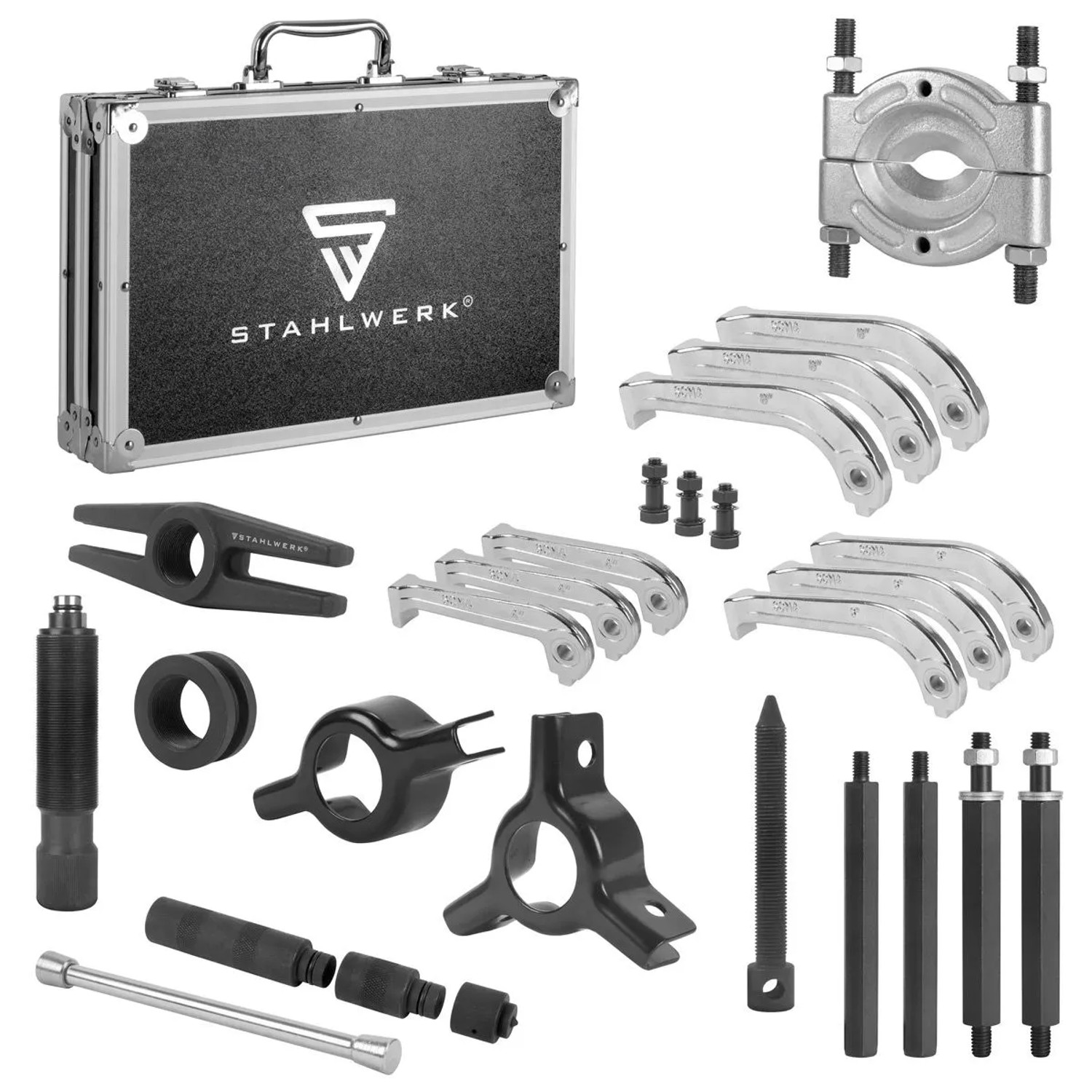STAHLWERK Hydraulischer Universal Lagerabzieher Set mit 10 t Zugkraft. Diverse Werkzeuge im Koffer für Kfz-Reparaturen.