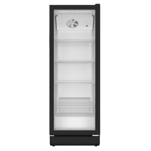 Schwarzer PKM Kühlschrank GKS168B mit Glasfront und Drahtablagen. Kühl-Gefrierkombination für Getränke.
