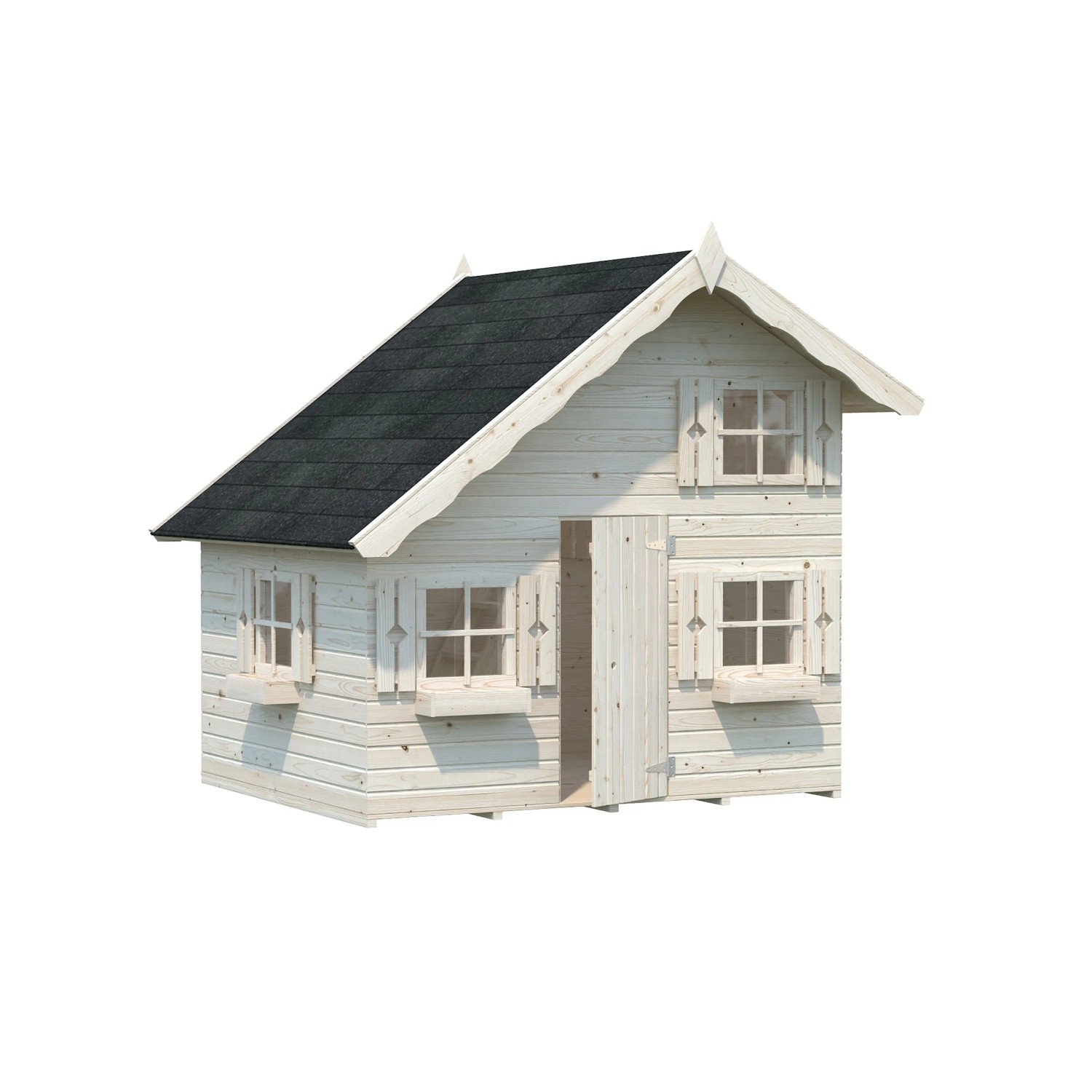 Palmako Spielhaus Tom aus Fichtenholz, naturbelassen mit schwarzem Dach und Sprossenfenstern.