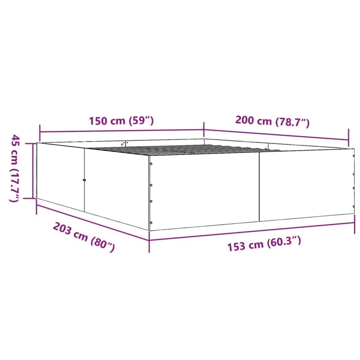 Maßzeichnung vidaXL Bettgestell Räuchereiche 150x200 cm. Gesamtmaße Rahmen: 203x153x45 cm (LBH).