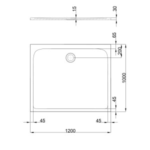 Technische Zeichnung der pianura Duschwanne Emilia, 120x100 cm, aus Mineralguss mit mittigem Ablauf.