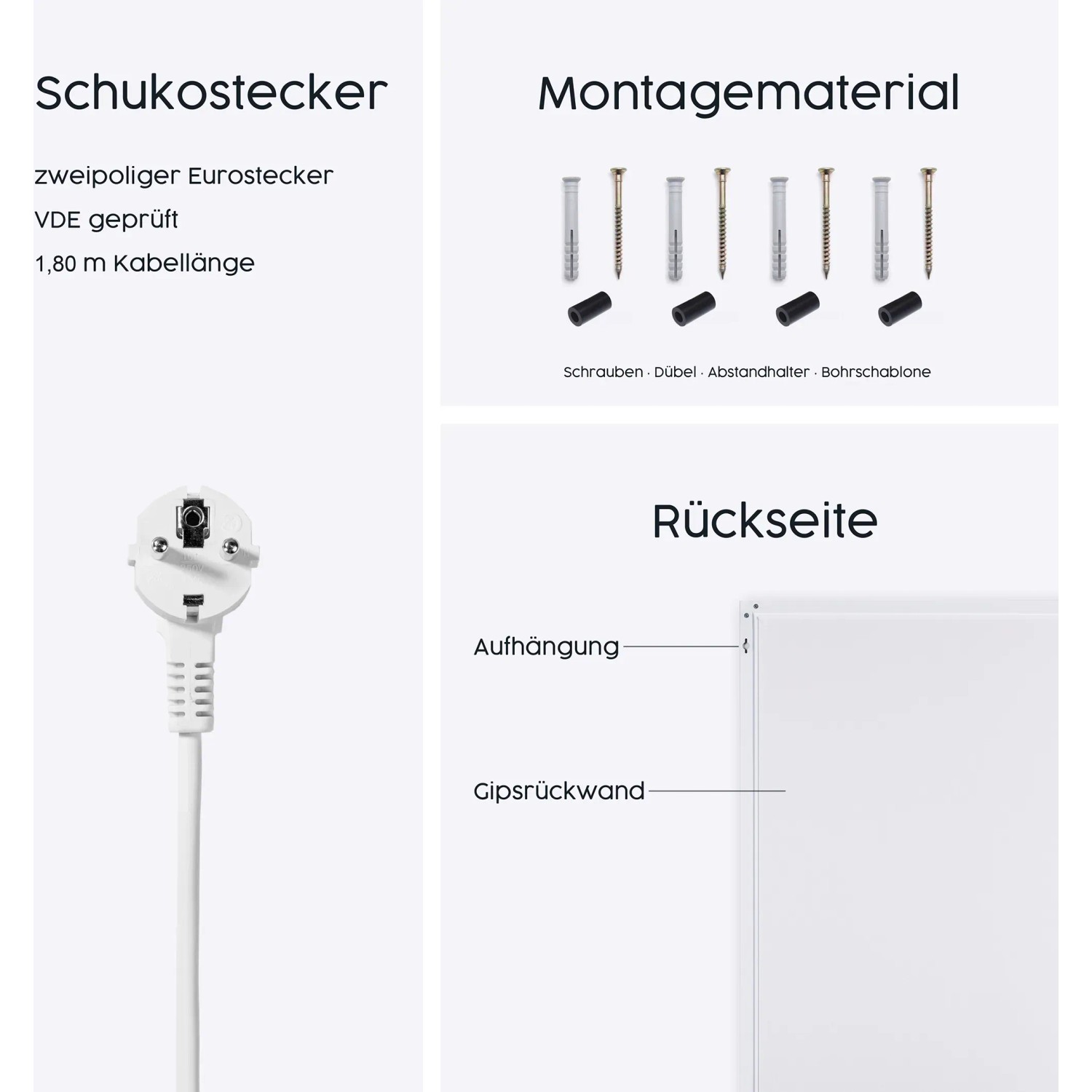Details der Könighaus Infrarotheizung Panorama 60x100 Boot und See: Stecker, Montage, Rückseite.