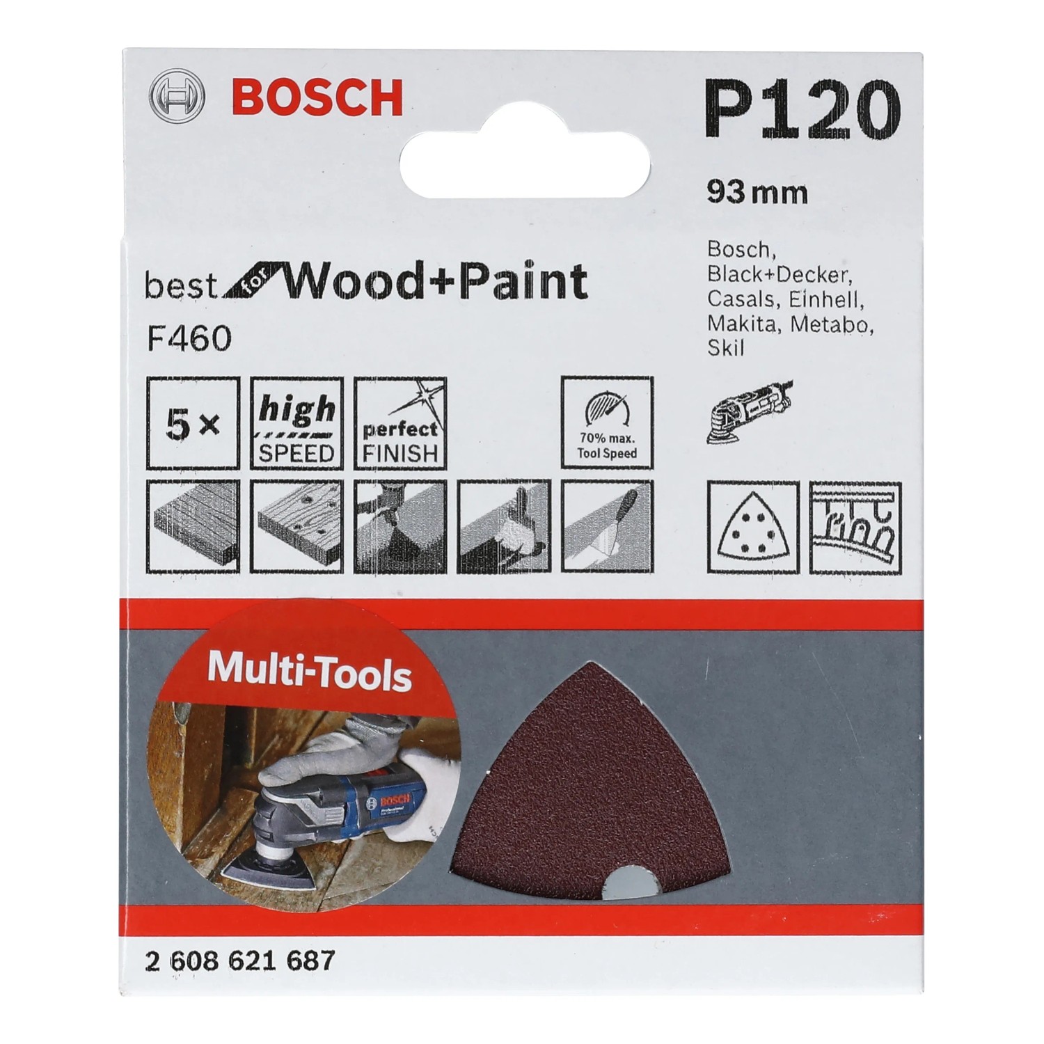 Bosch Delta-Schleifblätter F460, 5er-Pack, Körnung 120 für Holz und Farbe. Zubehör für Deltaschleifer.