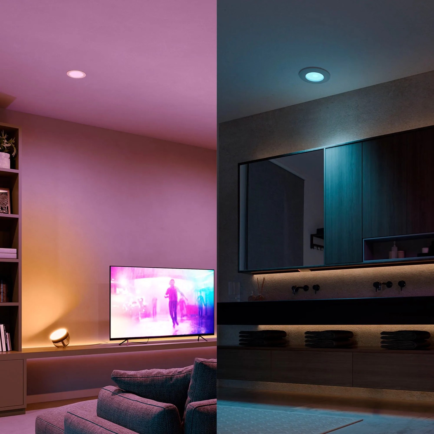 Philips Hue Einbauspots Slim, 17 cm, Weiß, verschiedene Farbszenen in Wohn- und Badezimmer.
