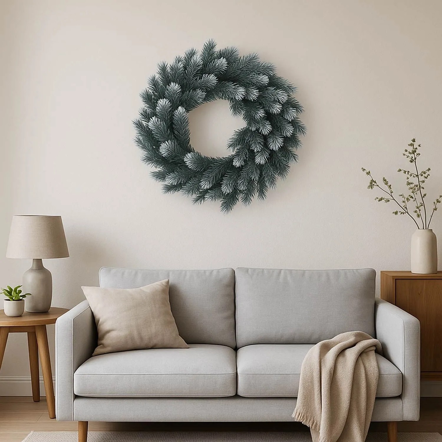 Künstlicher Tannen-Kranz mit Schnee-Effekt, Ø 45cm, als Weihnachtsdekoration an heller Wand im Wohnzimmer.