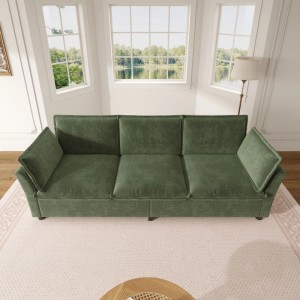 Geräumiges Merax 3-Sitzer XXXL Sofa in Grün mit weicher Chenille-Polsterung und Kissen im Wohnzimmer.