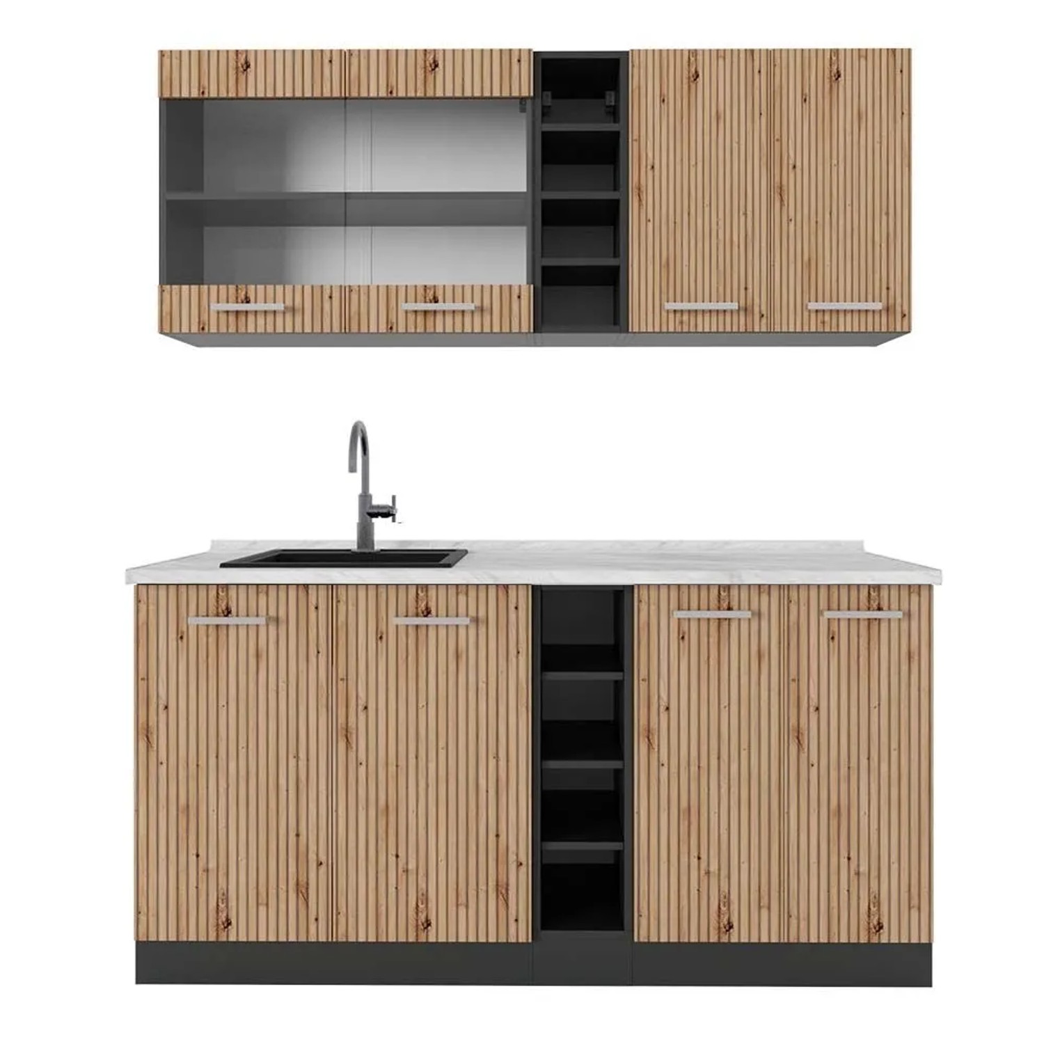 Vicco R-Line Singleküche Artisan Eiche Anthrazit 160 cm AP Marmor ohne E-Geräte