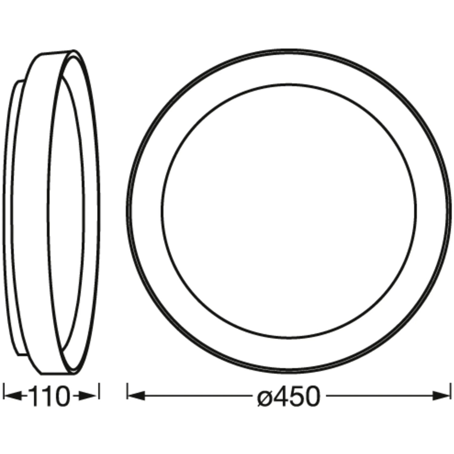 Skizze der Ledvance Smart+ WiFi Deckenleuchte Orbis Kurt, schwarz-gold, Ø 45 cm, mit Maßangaben.