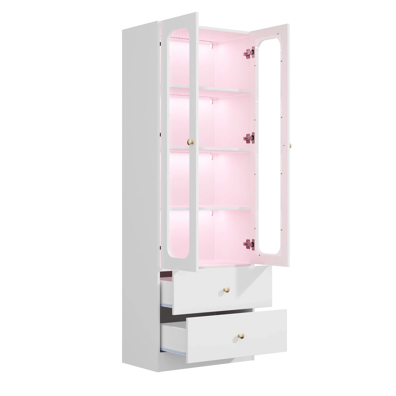 Merax Glasvitrine mit RGB-LED  2 Schubladen und Stauraum  60x35x170 cm  Weiß