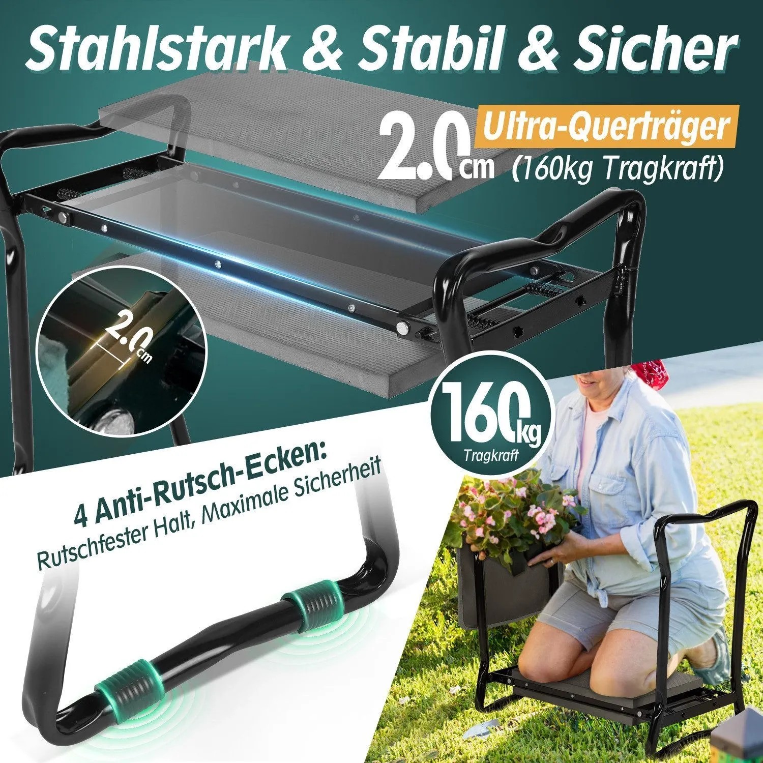 Schwarze Sekey Kniebank 2 in 1, gepolstert, klappbar, mit Anti-Rutsch-Füßen. Stabil für Gartenarbeit und als Sitz.