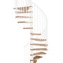 Weiße Minka Spindeltreppe Spiral Effect mit Buchenholzstufen, Durchmesser 120 cm.