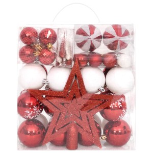 vidaXL 64-tlg. Weihnachtskugel-Set Rot/Weiß mit Baumspitze und verschiedenen Designs.