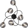 Moderne, 6-flammige Globo Deckenleuchte Jorge in Schwarz matt mit rauchfarbenen Glaskugeln.