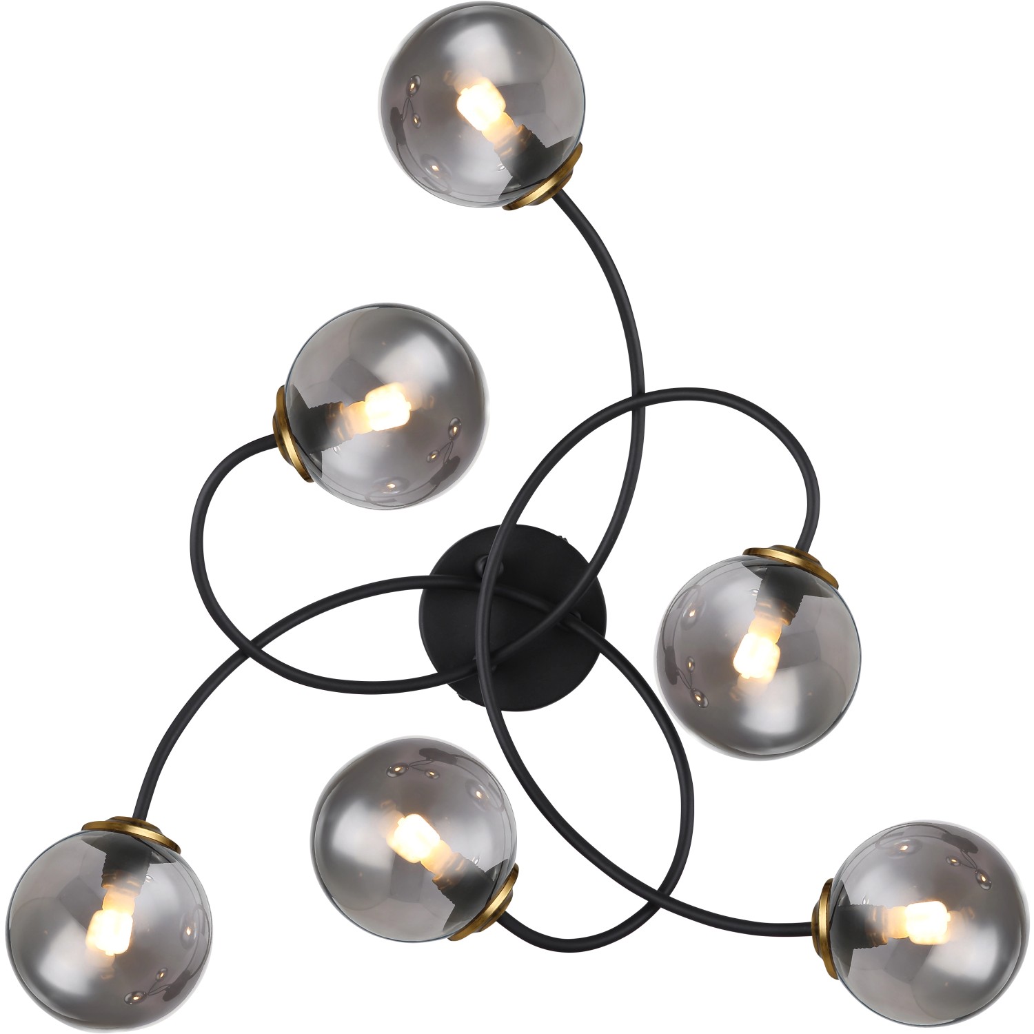 Moderne, 6-flammige Globo Deckenleuchte Jorge in Schwarz matt mit rauchfarbenen Glaskugeln.