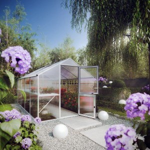 KGT Gewächshaus Alu blank 10 m² mit geöffneter Tür im Garten.