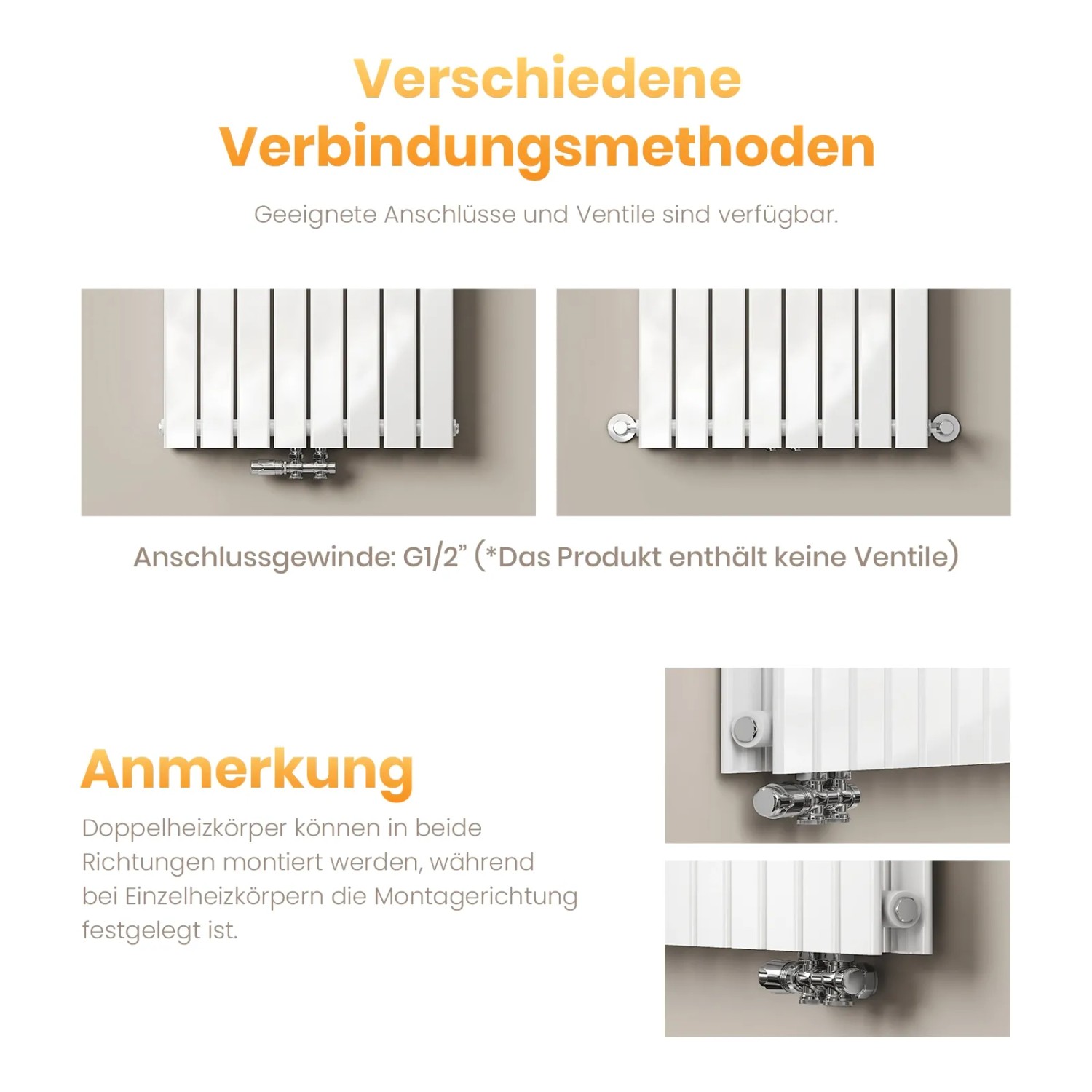Emke Heizkörper: Detailansicht verschiedener Anschlussmethoden des weißen Paneelheizkörpers.
