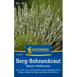 Kiepenkerl Berg-Bohnenkraut Winter-Pfefferkraut mit weißen Blüten auf der Verpackung.