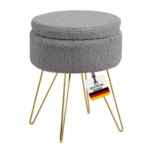 Grauer Albatros Hocker CANNES mit Sherpa-Bezug und goldenen Beinen.