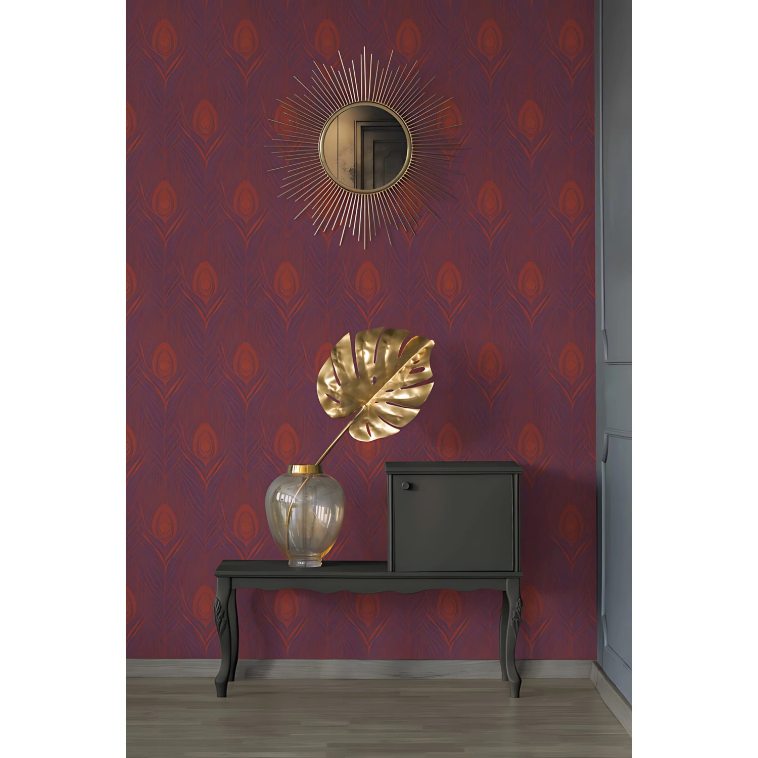 PROFHOME Vliestapete mit Federn in Rot, Violett und Gold. Dekorative Tapete für Wohnräume.