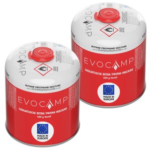 Zwei Evocamp Gaskartuschen, 450g Propan/Butan Schraubkartuschen mit Eurogewinde und Sicherheitsverschluss.
