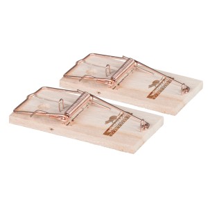 Zwei Rattenfallen aus Holz von Windhager mit gespanntem Bügel.