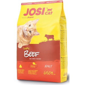 Josera Katzen-Trockenfutter Tasty Beef, 650g Packung mit Katze und Rind Abbildung.