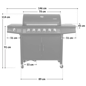 Taino Red 6+1 Gasgrill, Grillwagen mit 6 Edelstahlbrennern und Seitenbrenner, Maße eingezeichnet.