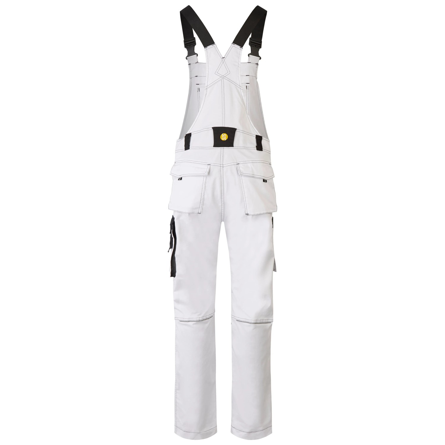 Weiße Hans Schäfer Arbeitslatzhose Ares Gr. 50 mit Taschen und schwarzen Trägern.