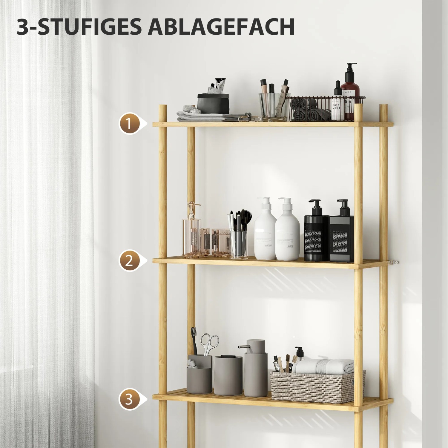 HOMCOM Toilettenregal aus Bambus mit drei Ablageflächen im Badezimmer.