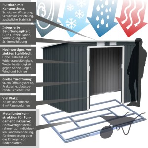 Hattoro P100 Gerätehaus aus Metall, dunkelgrau, mit Pultdach und Bodenrahmen. Ideal zur Garten Geräte Aufbewahrung.