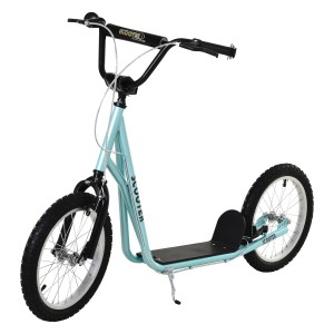 Hellblauer Kinderroller mit Luftreifen, Handbremse und verstellbarer Höhe.
