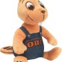 Sitzender OBI Biber Plüschtier mit Jeanslatzhose, 22 cm groß.