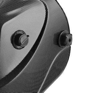 Detailaufnahme: STAHLWERK Schweißhelm ST-450RC in Carbon Optik mit Einstellknöpfen.