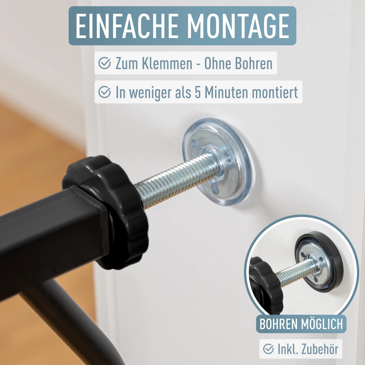 Detailaufnahme: Türschutzgitter Berrin XXL Befestigung ohne Bohren mit Stellschraube.