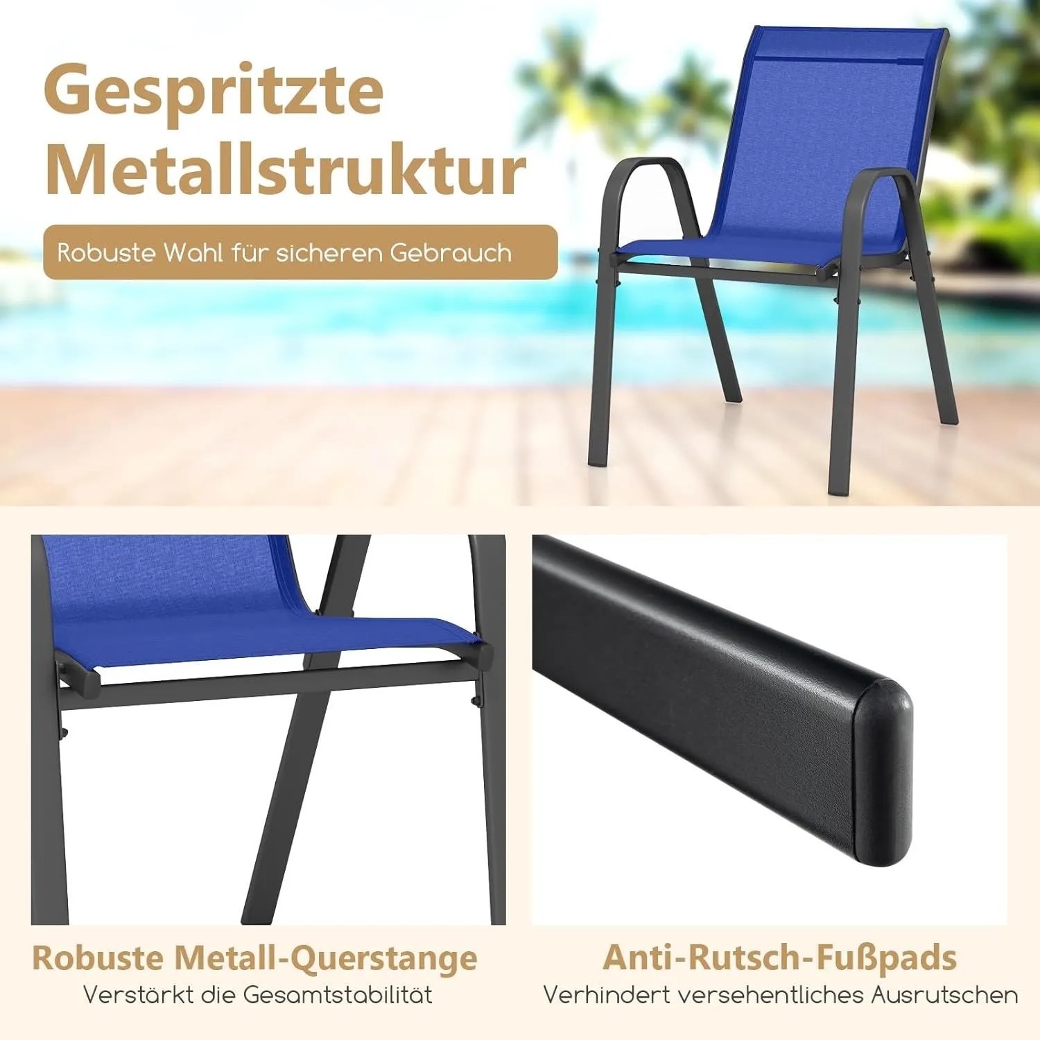 Blauer stapelbarer Gartenstuhl mit schwarzem Metallgestell, atmungsaktivem Stoff, Armlehnen, robuster Querstange, Anti-Rutsch-Füßen.