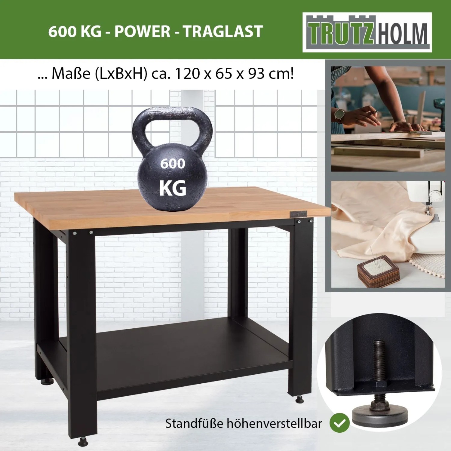 Freistehende TRUTZHOLM Werkbank Profiline XL mit Holzplatte und Stahlgestell, belastbar bis 600kg.