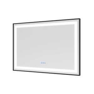 Aquabatos LED Badspiegel 100x70 cm mit schwarzem Rahmen, dimmbarer Beleuchtung und Touch-Schalter.