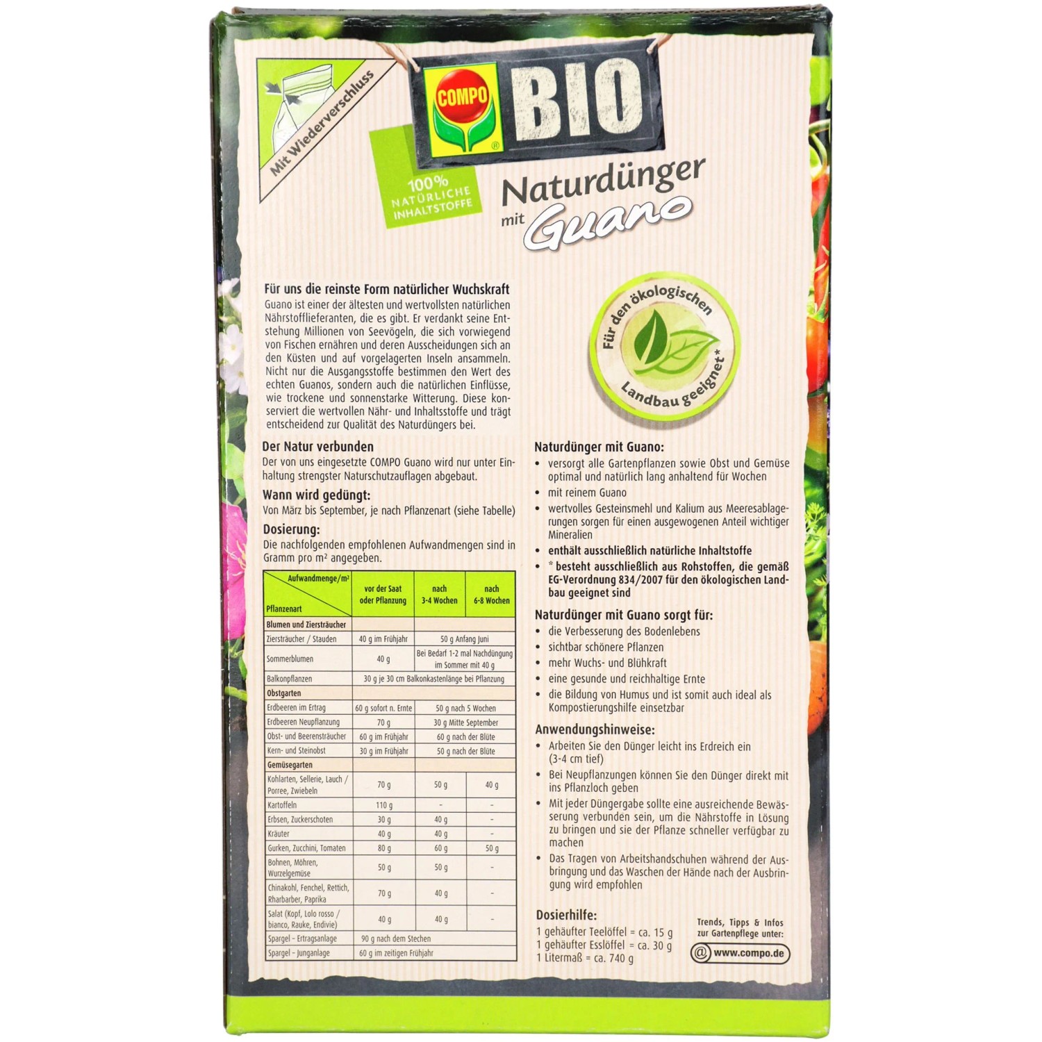 Compo Bio Naturdünger Guano 1 kg Packung für Gartenpflanzen, Gemüse und Obst.