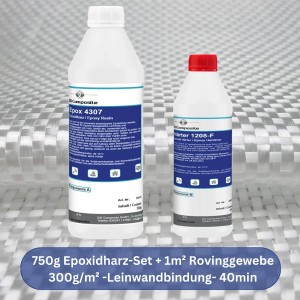 DD Composite Epoxidharz-Set mit Rovinggewebe: 750g Harz und 1m² Gewebe für Reparaturen und Modellbau.