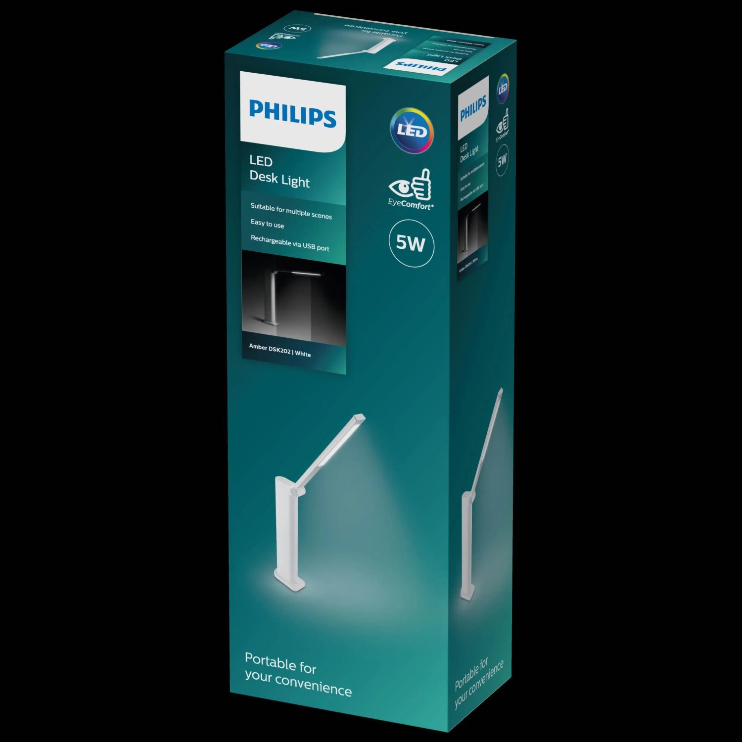Verpackung der weißen Philips Amber LED Schreibtischleuchte mit Akku und USB-Ladefunktion.